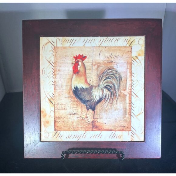 Vintage Style Rooster Wall Plaque Or Trivet  8" Ceramic & Wood - Picture 1 of 3